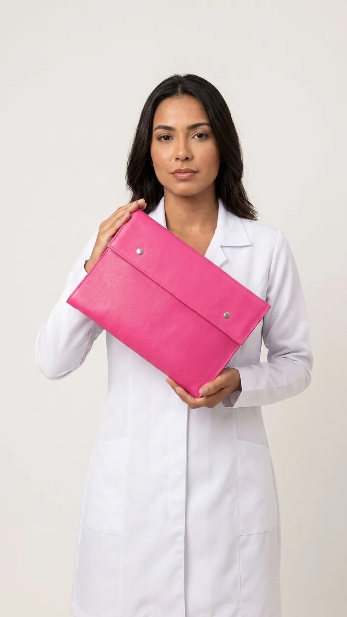 Profissional da saúde segurando o Porta-Jaleco AZV na cor rosa claro